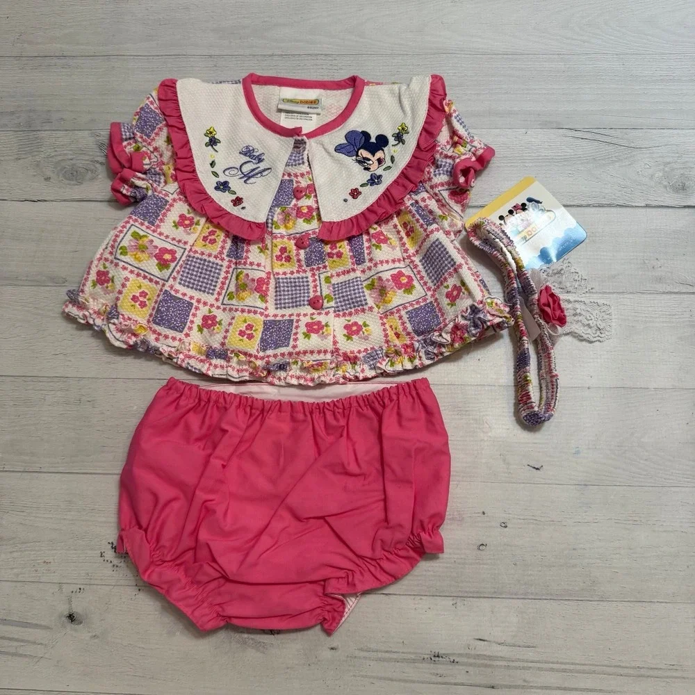 Disney baby‎ Minnie Mouse 3 piece outfit shirt diaper cover headband 6/9 m NEW
